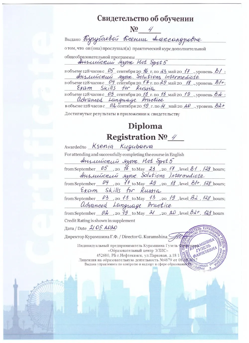 Свидетельство, подтверждающее уровень языка