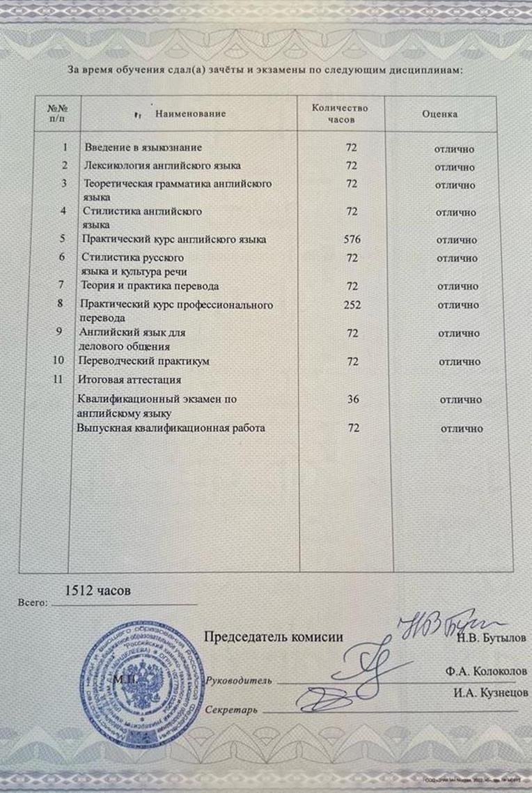 Диплом "Переводчик" оценки