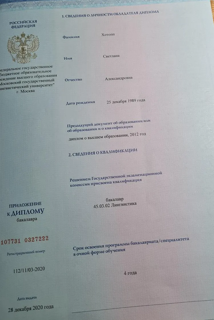 Приложение к диплому бакалавра МГЛУ (бывш. МГПИИЯ им. Мориса Тореза) 