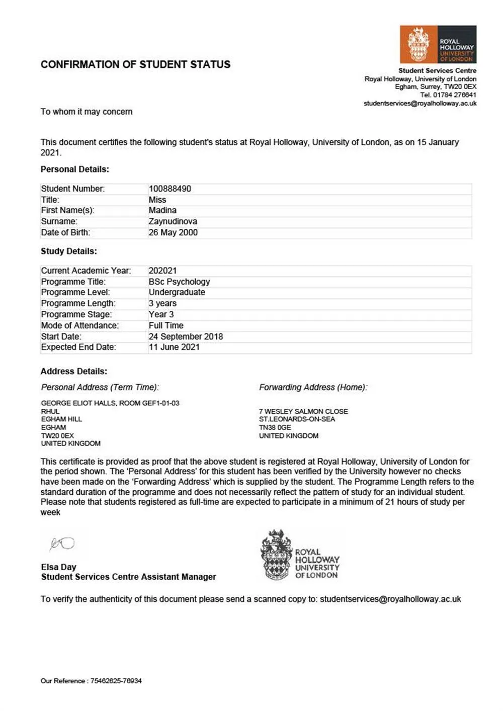 Student Status Certificate 