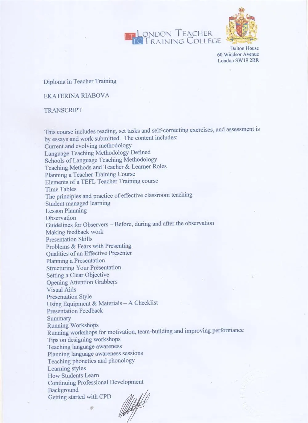 Diploma in Teacher Training