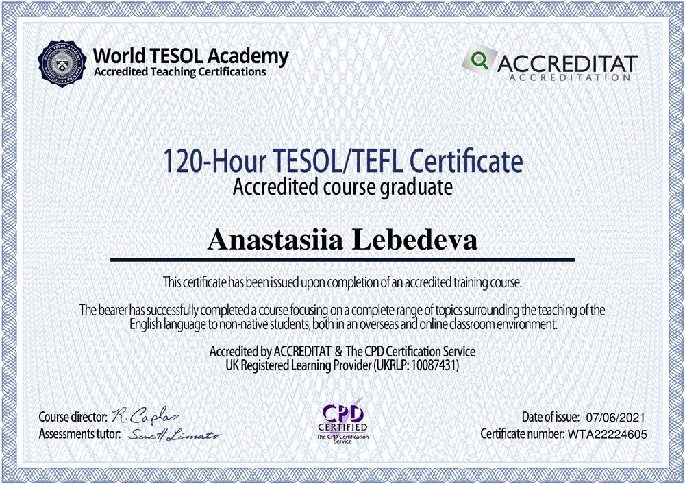 Сертификат преподавателя английского языка международного образца TESOL\TEFL 