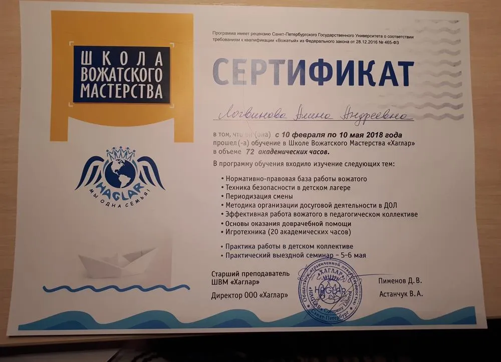  Школа вожатского мастерства ООО "Хаглар", вожатый в детском лагере, преподаватель английского языка, 2018–2018 гг.
