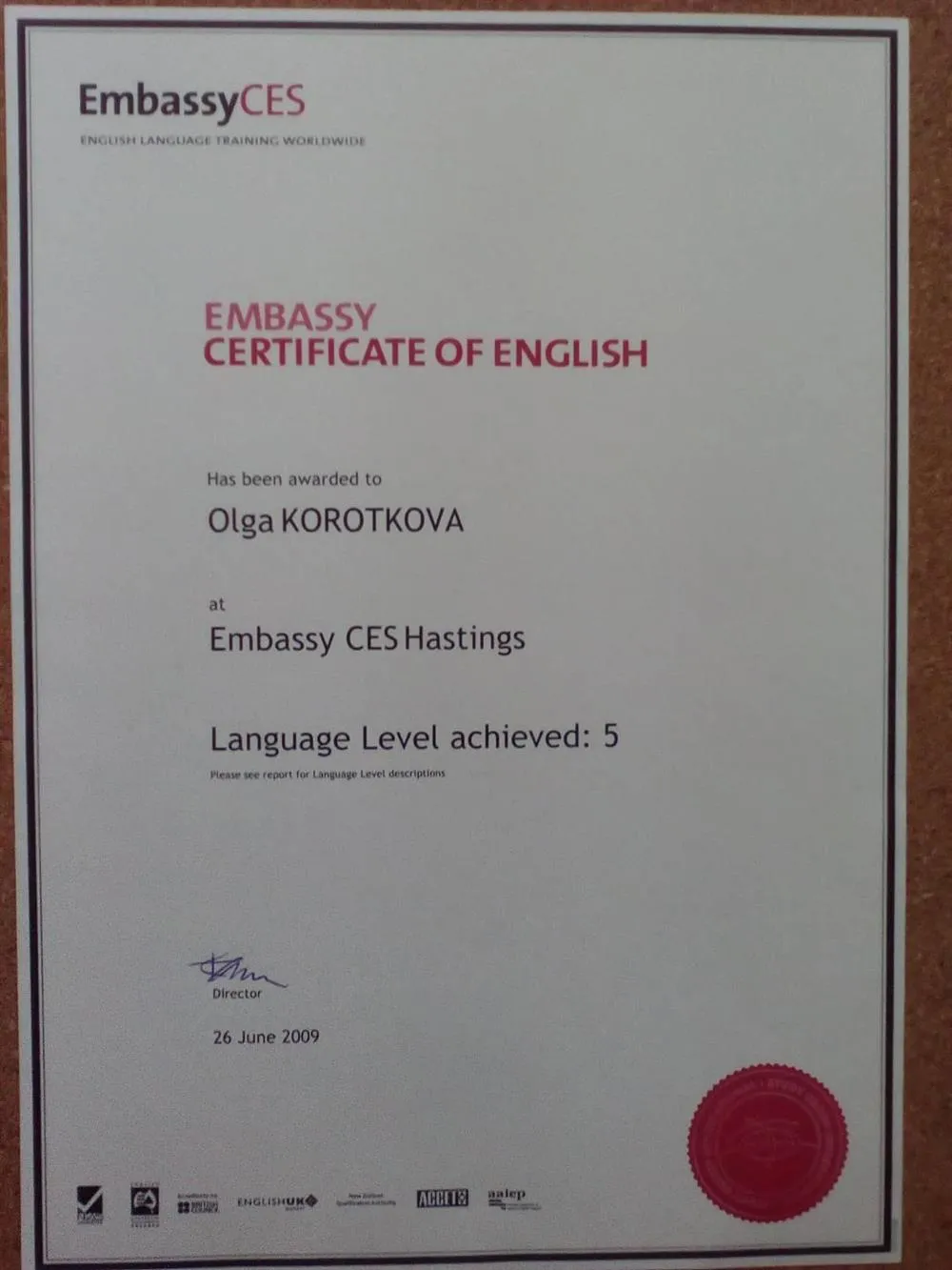 Сертификат, UK, EmbassyCES Language School