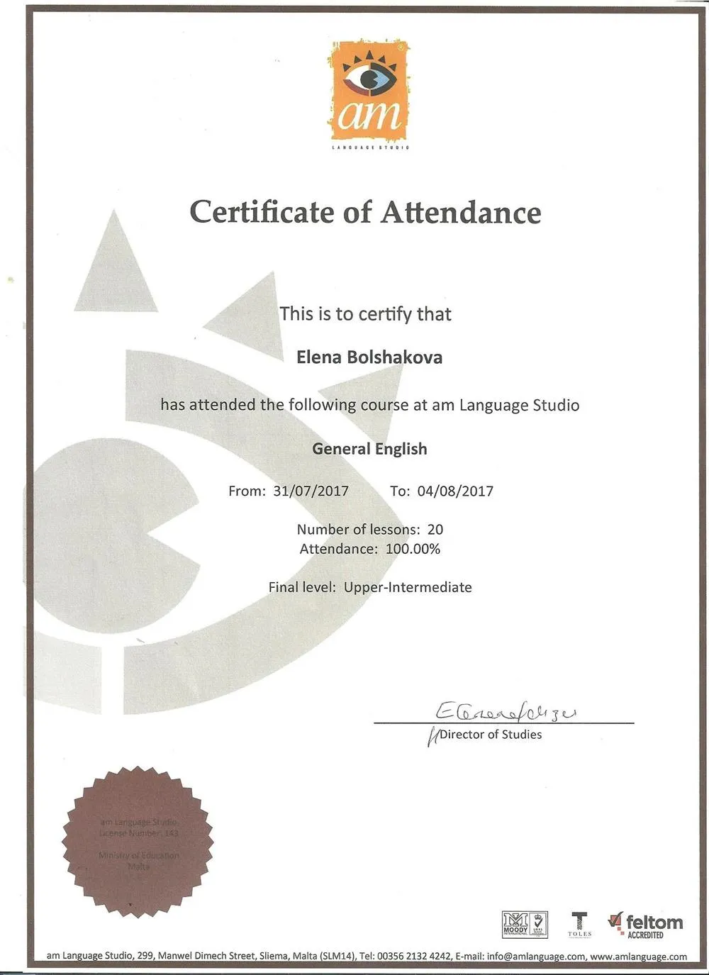 Certificate of Attendance B2 level