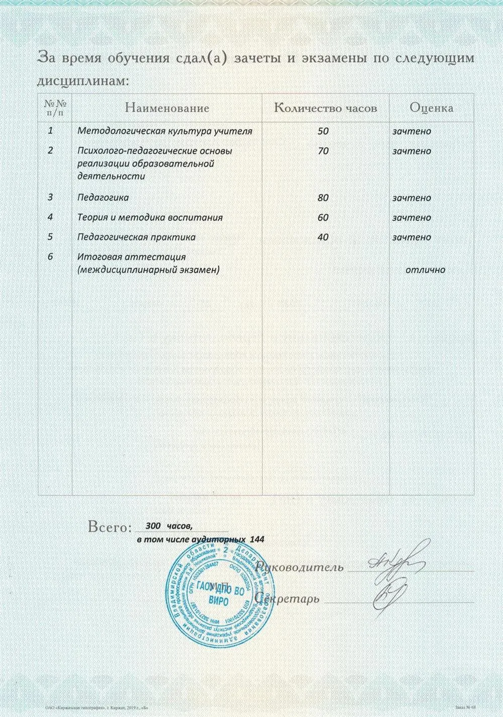 Приложение к педагогическому диплому
