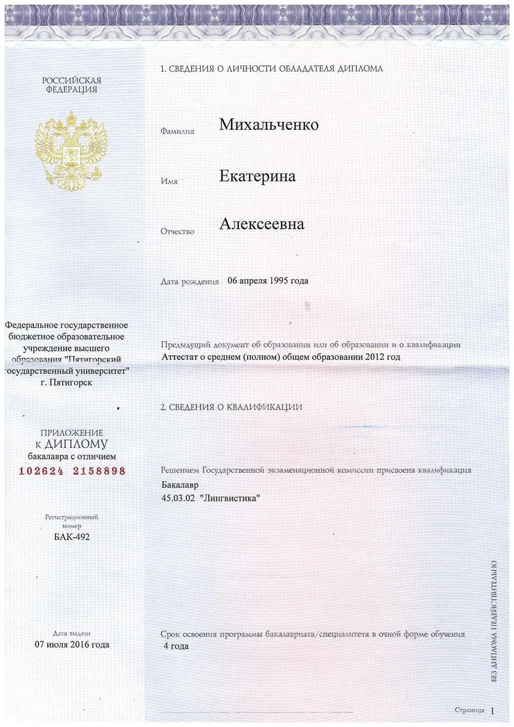 Диплом бакалавра, вкладыш