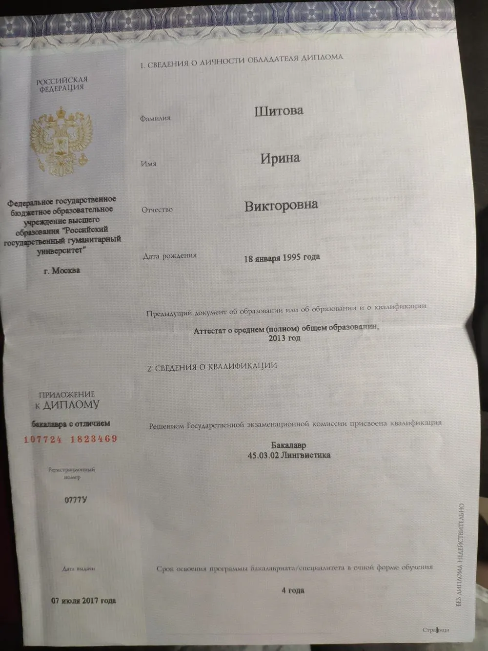 Диплом о квалификации бакалавра