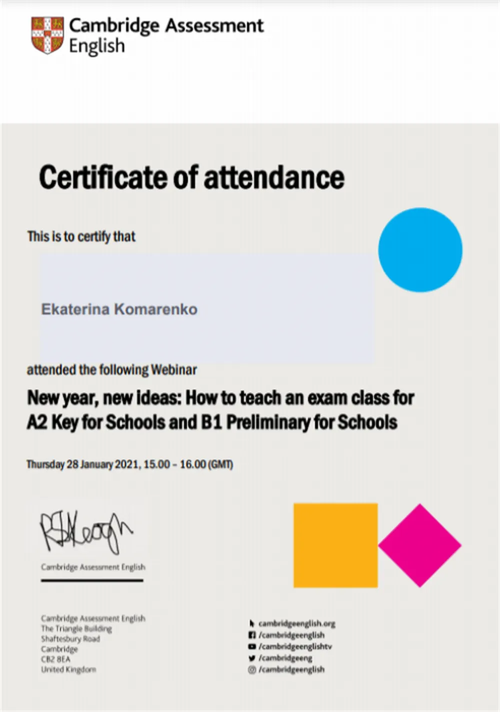 Certificate of attendance the webinar