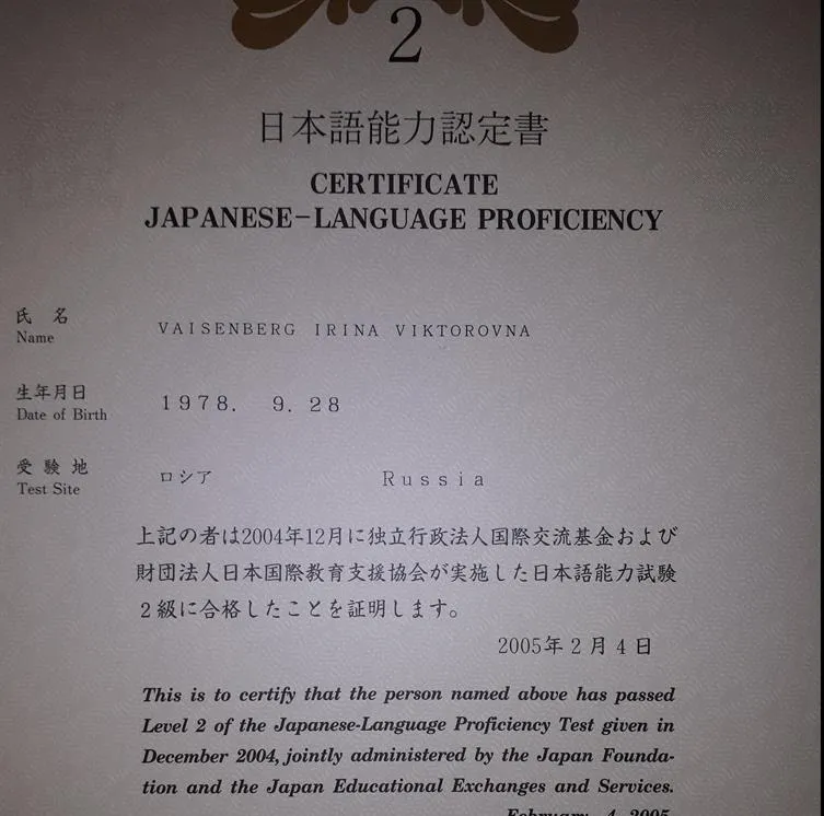 Сертификат JLPT 2