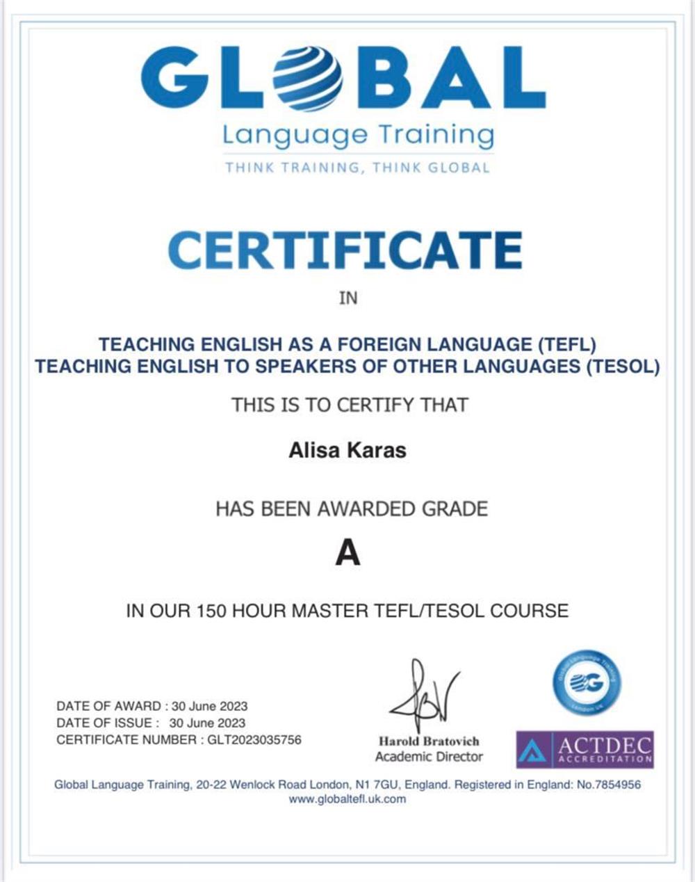 Сертификат TESOL 150 hours Grade A, аккредитация ACTDEC (международная сертификация преподавателей английского для не-носителей языка)