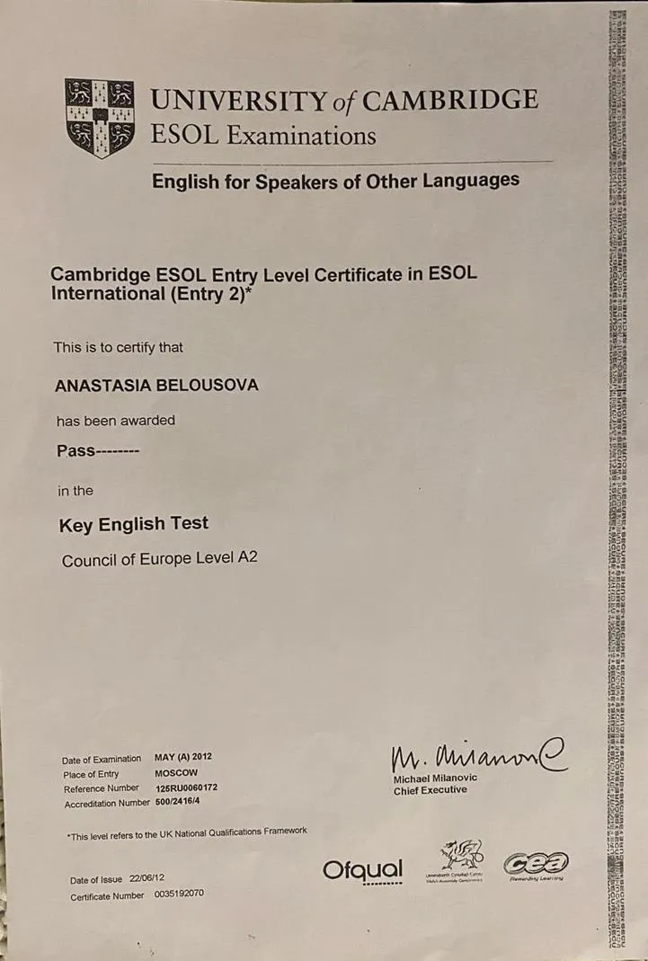 Cambridge ESOL Entry Level Certificate (Key English Test) — Level A2
