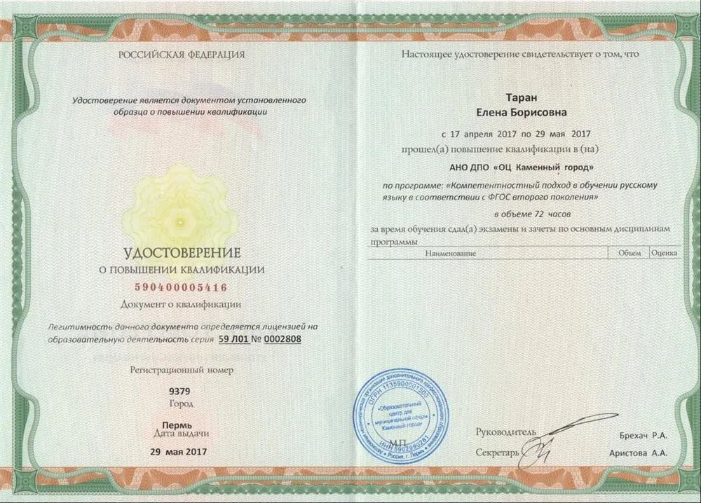 Удостоверение о повышении квалификации