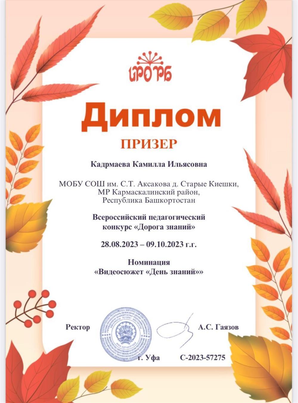 Диплом призера во всероссийском педагогическом конкурсе «Дорога знаний»
