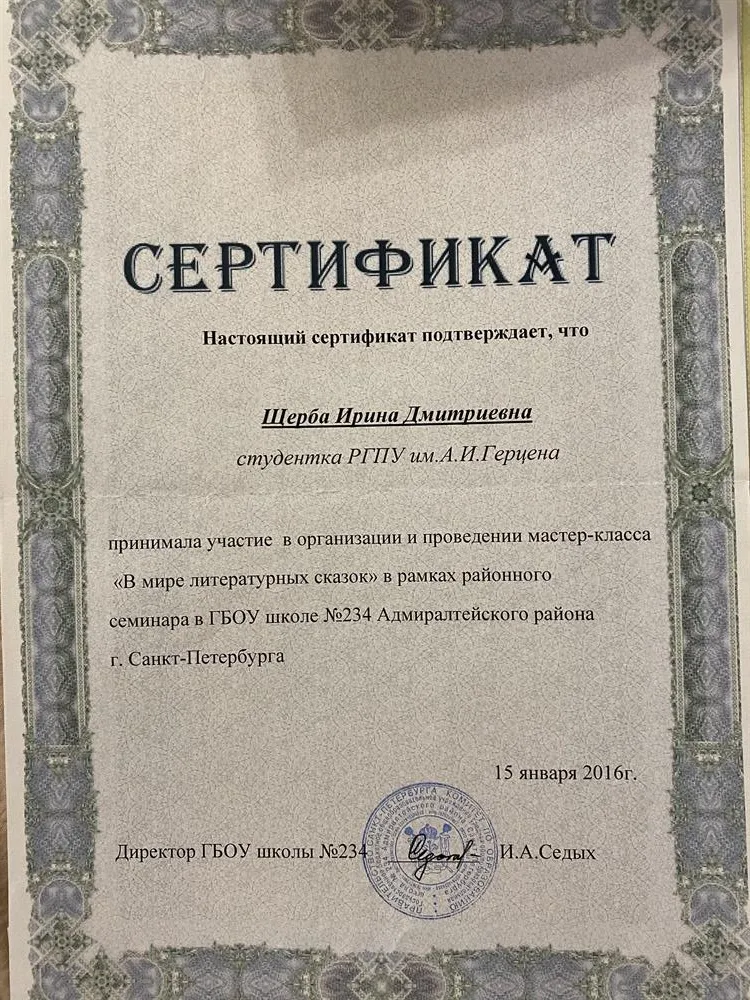 Сертификат об участии в организации внеурочного мероприятия губок школы №234