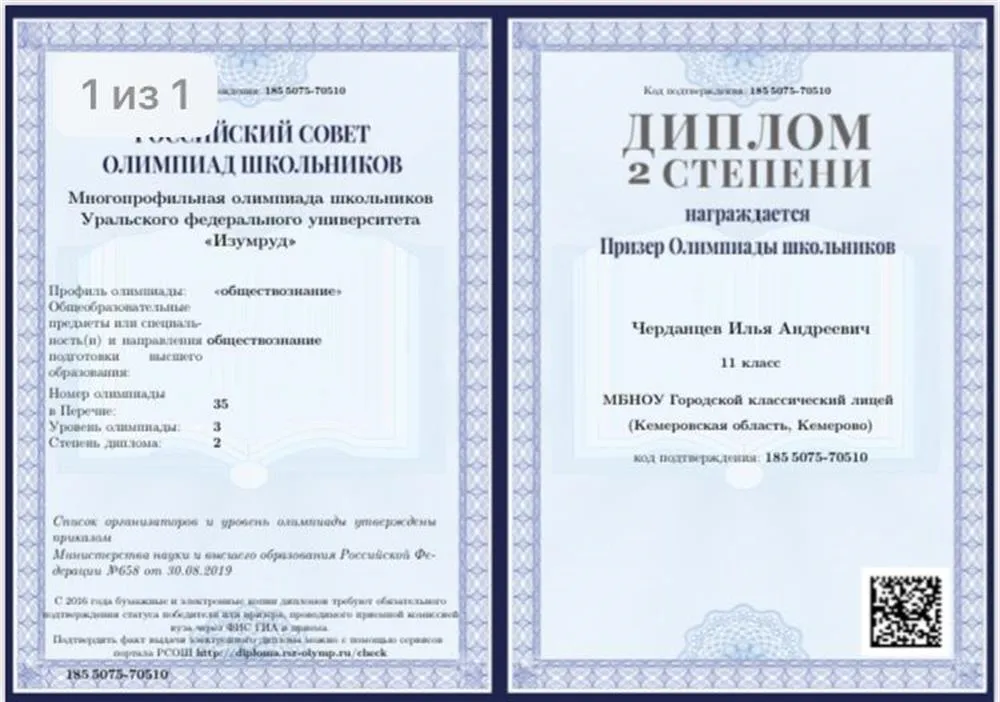 Диплом призёра олимпиады