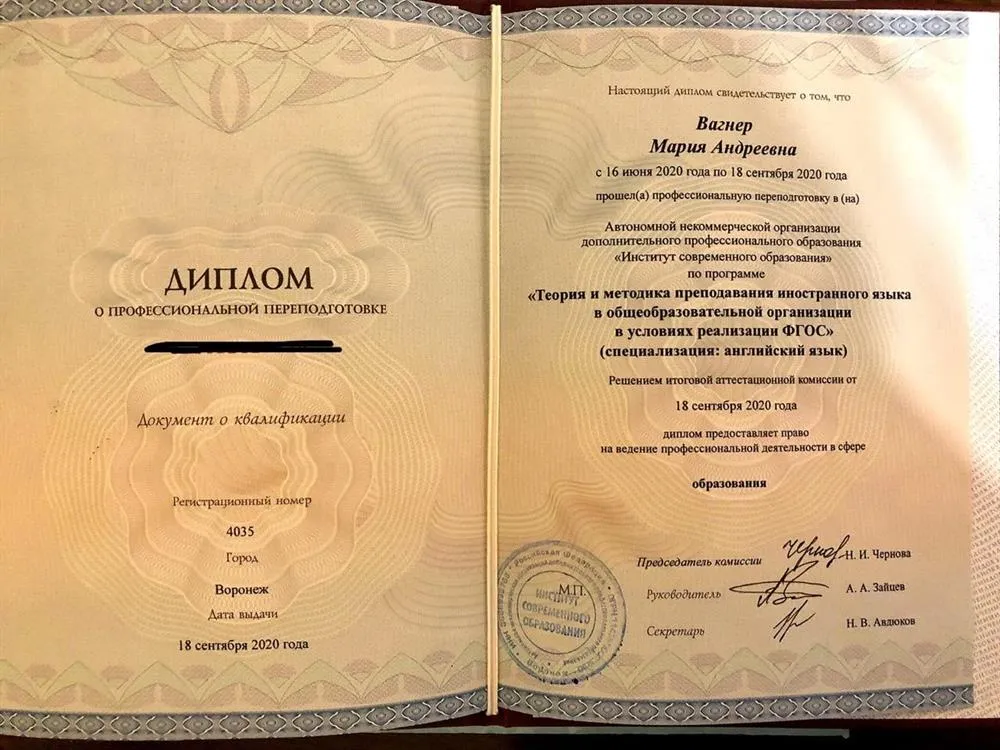 Диплом, удостоверяющий право ведения профессиональной деятельности в сфере образования