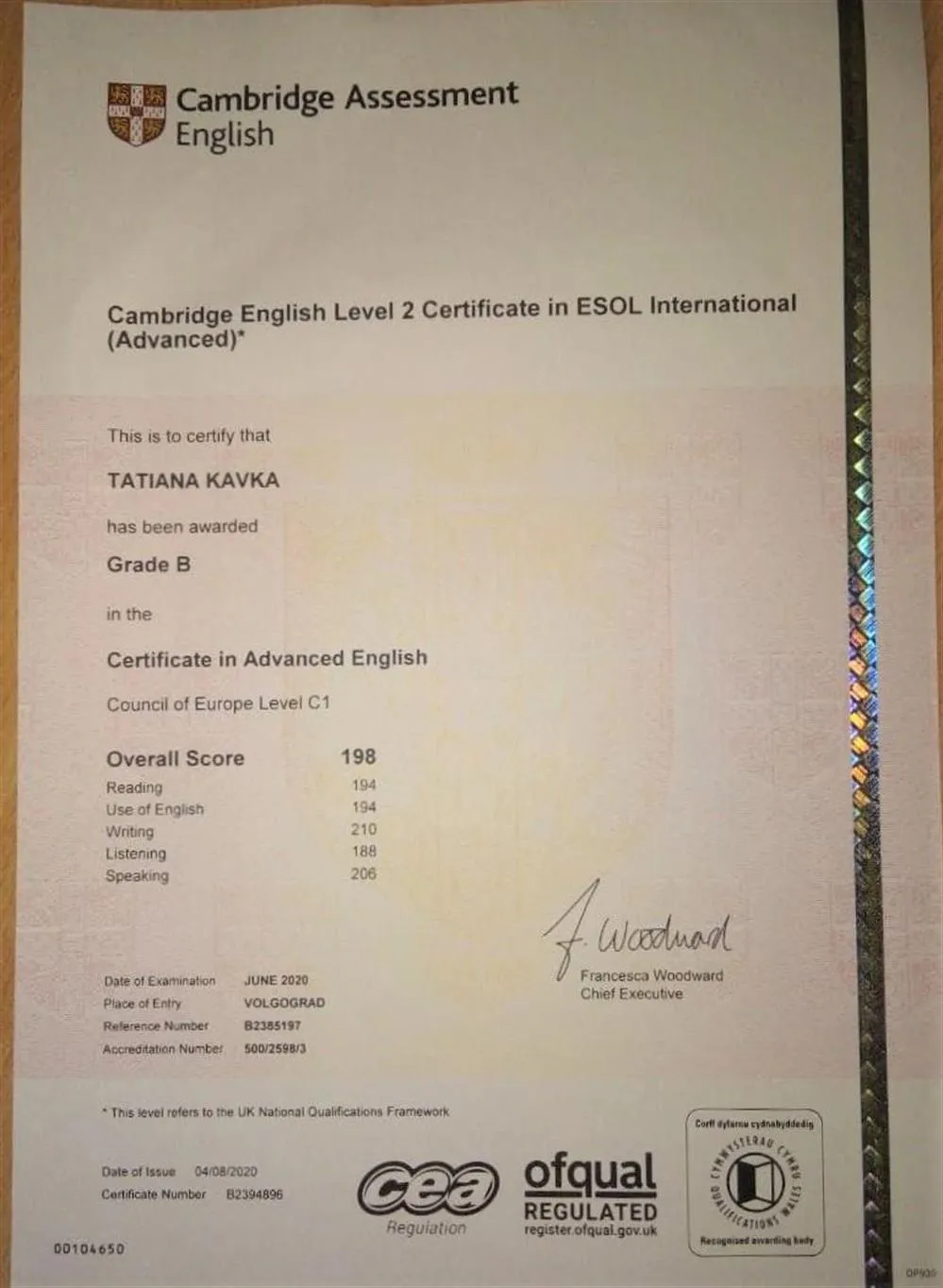 Certificate in Advanced English