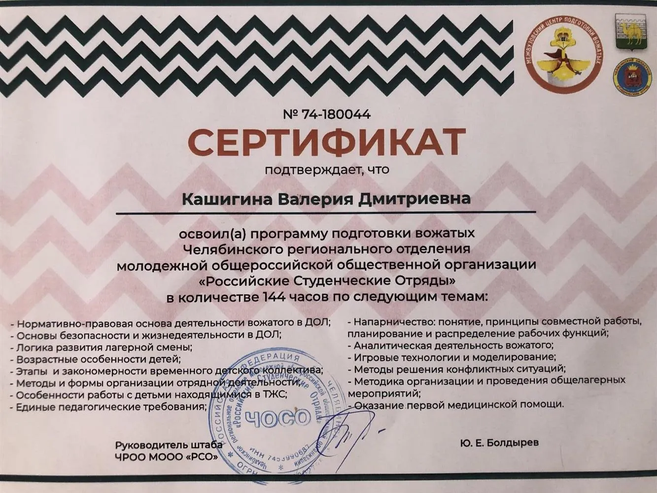 Сертификат вожатого. РСО. 144 часа