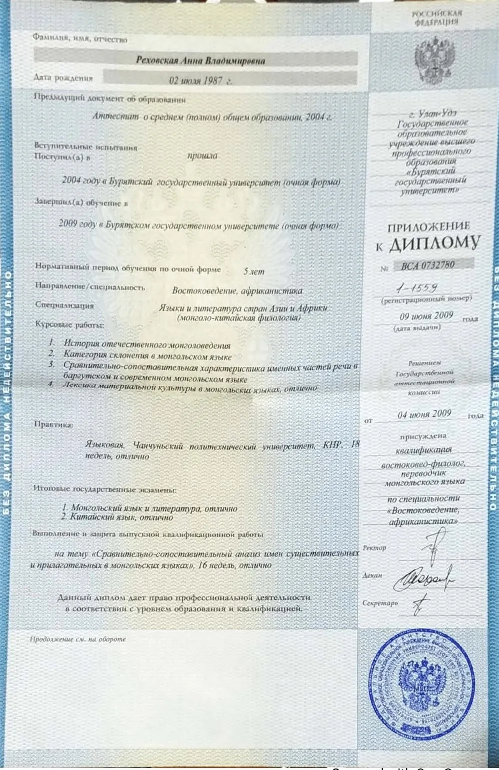 Диплом с отличием. 2004-2009гг