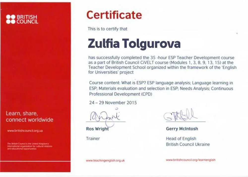 British Council Course Certificate