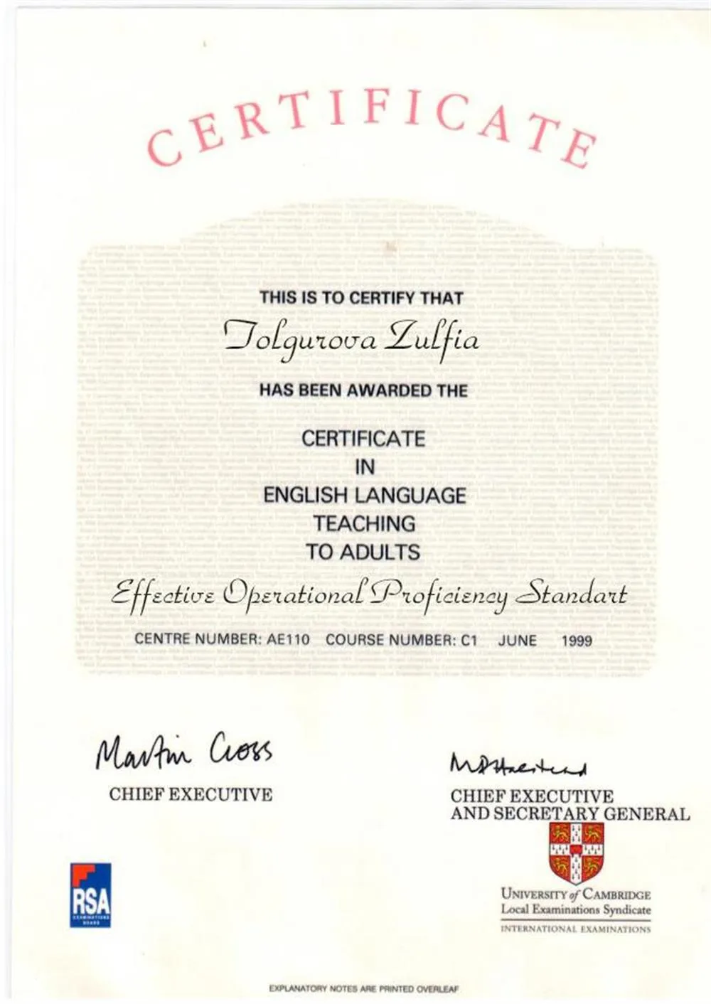 University of Cambridge Certificate