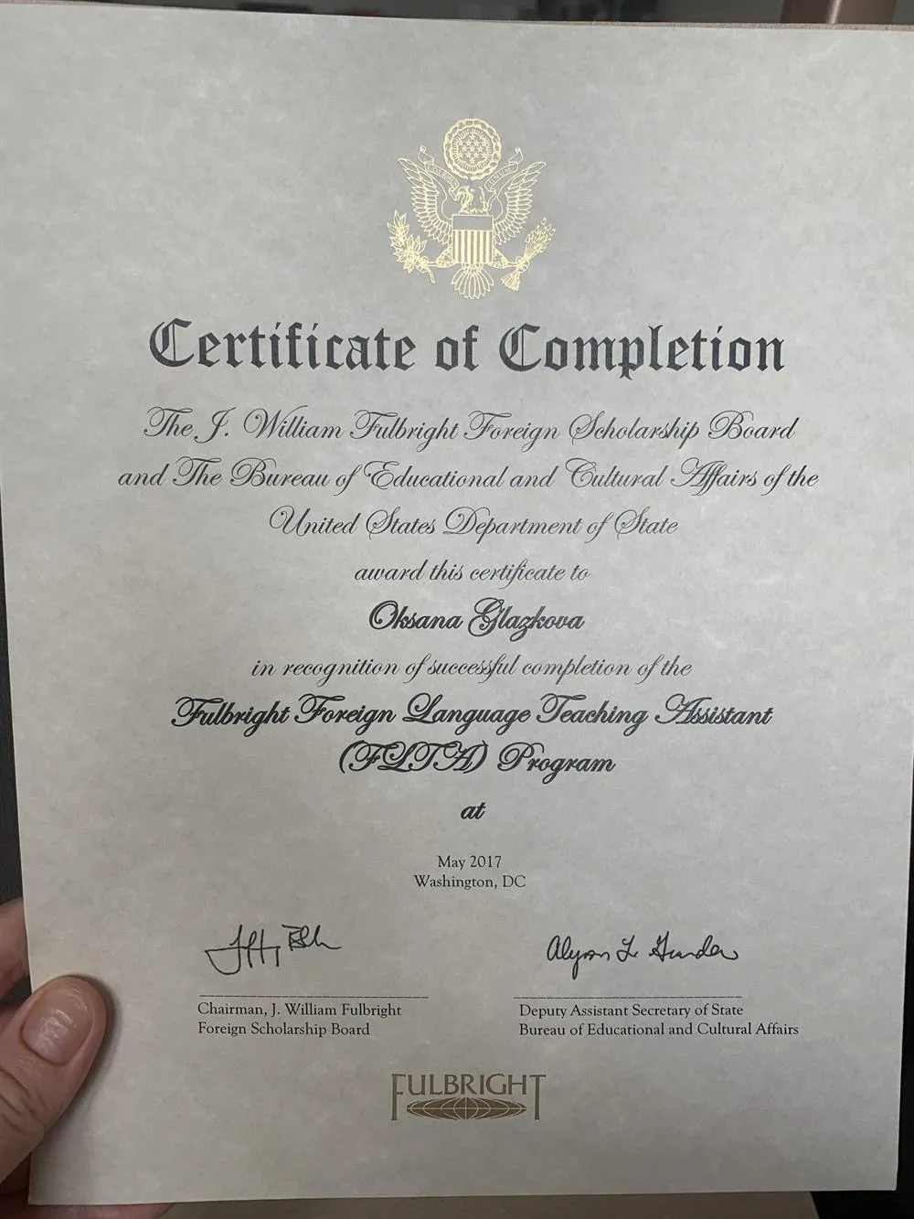 Fulbright FLTA program completion certificate 
