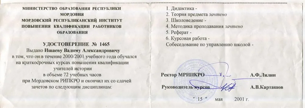 Повышение квалификации. Теория предмета и методика преподавания, 2000/2001