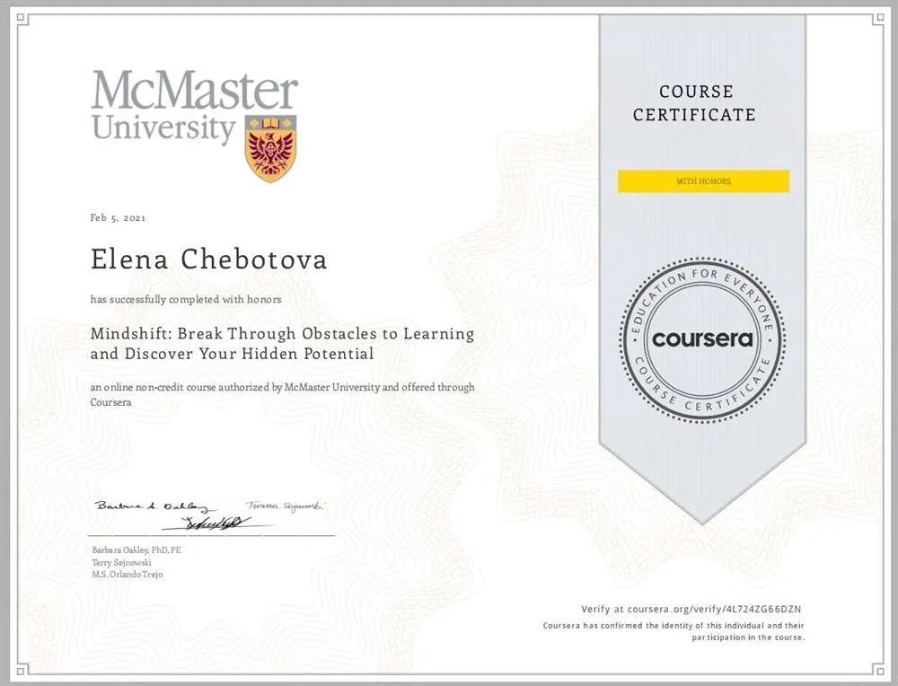 Course Certificate with honours, Mindshift, McMaster University, Canada,2021