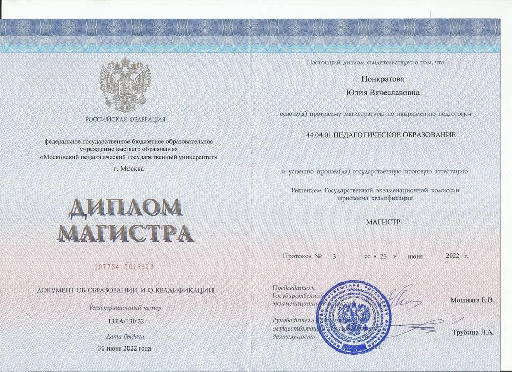 Диплом магистра (преподаватель французского языка)