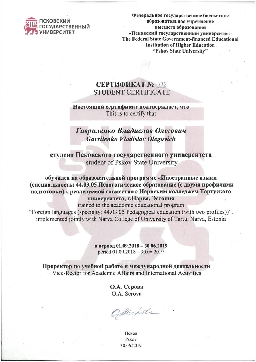 Сертификат о прохождении зарубежного курса преподавания ИЯ