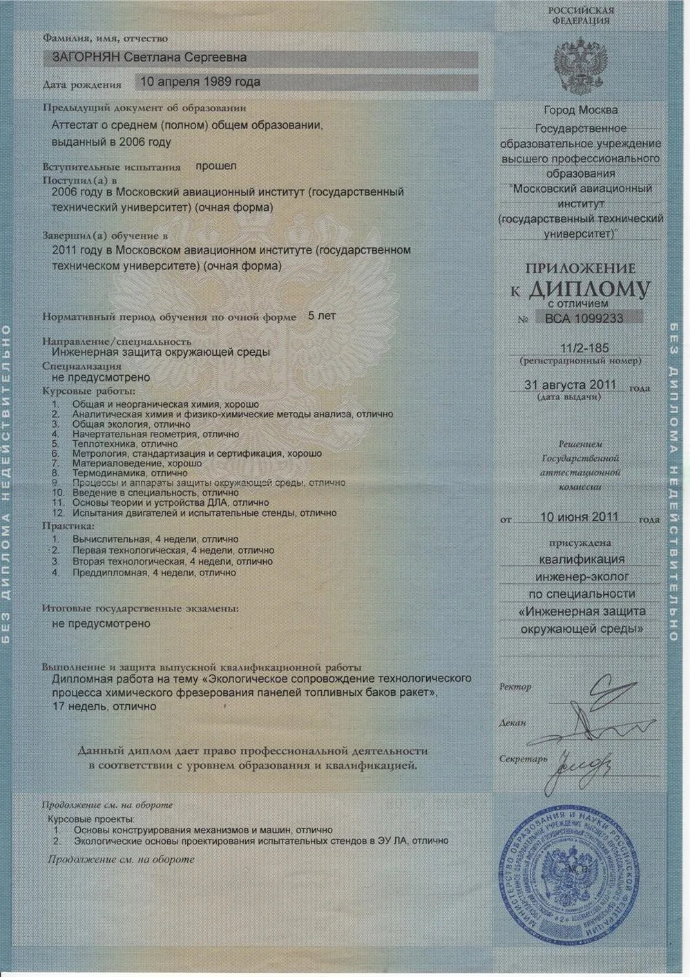 Диплом с отличием МАИ (Приложение 1) (Загорнян - девичья фамилия)