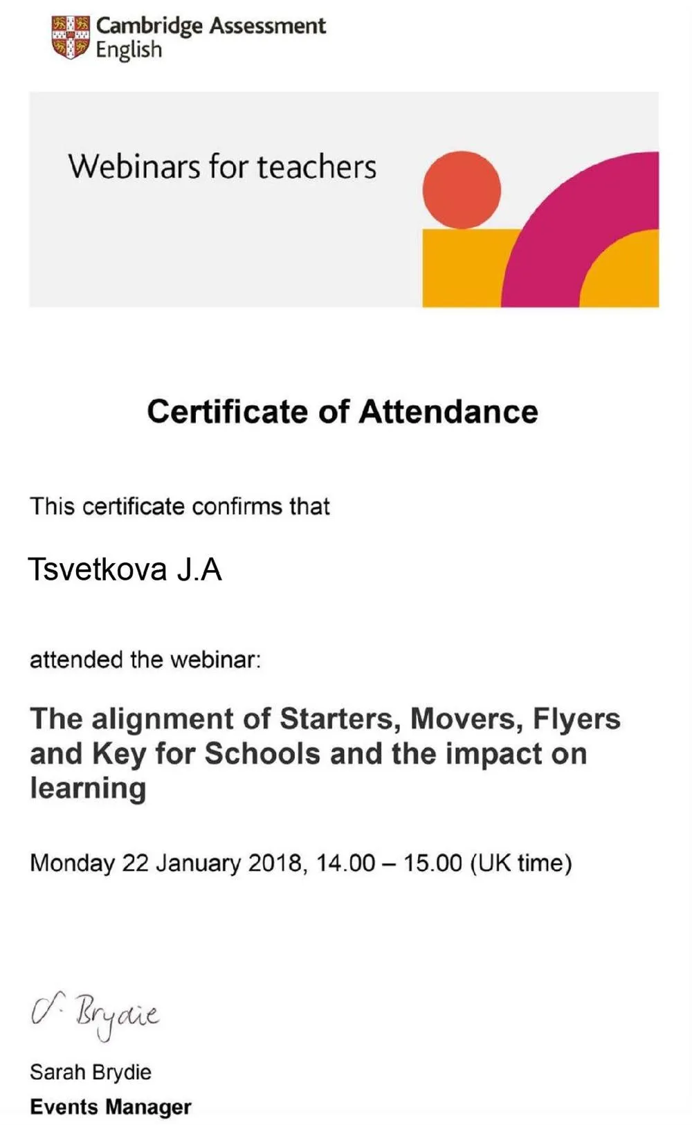 Certificate for teachers Cambridge, 2018 