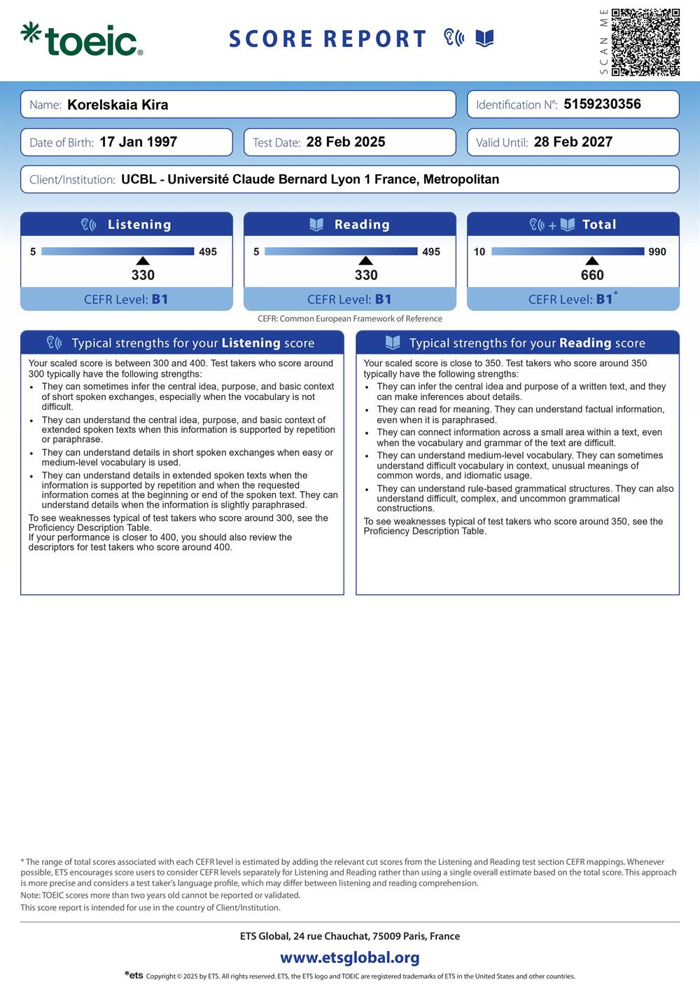 Сертификат TOEIC по английскому языку. Уровень В1.