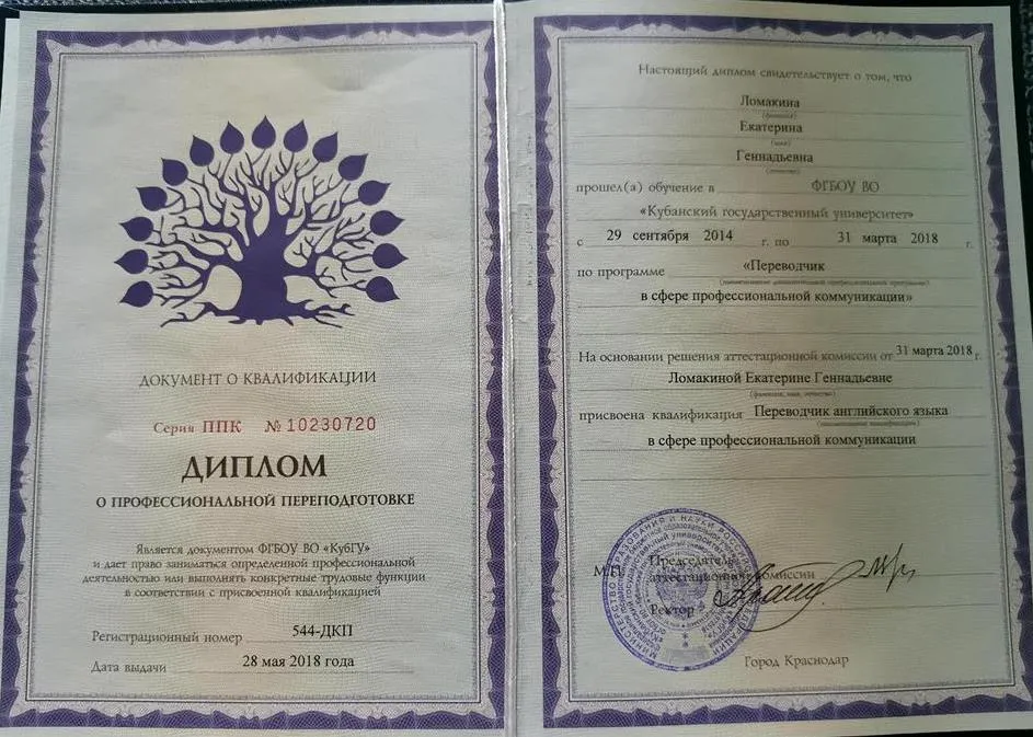 Диплом о проф.переподготовке (переводчик английского языка) 