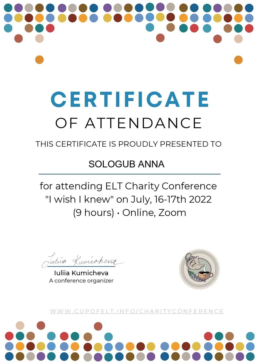 Certificate of attendance of ELT Charity Conference