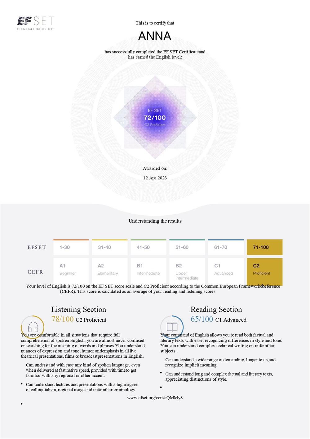 EF SET Certificate 