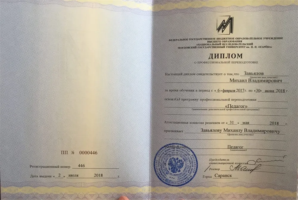 Национальный исследовательский Мордовский государственный университет им. Н. П.Огарева, профессиональная переподготовка по программе «Педагог», 2017–2018 гг.