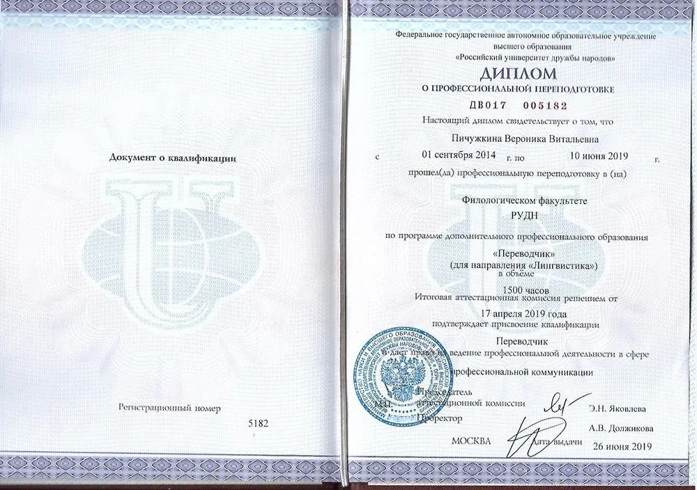 Диплом бакалавра РУДН 
