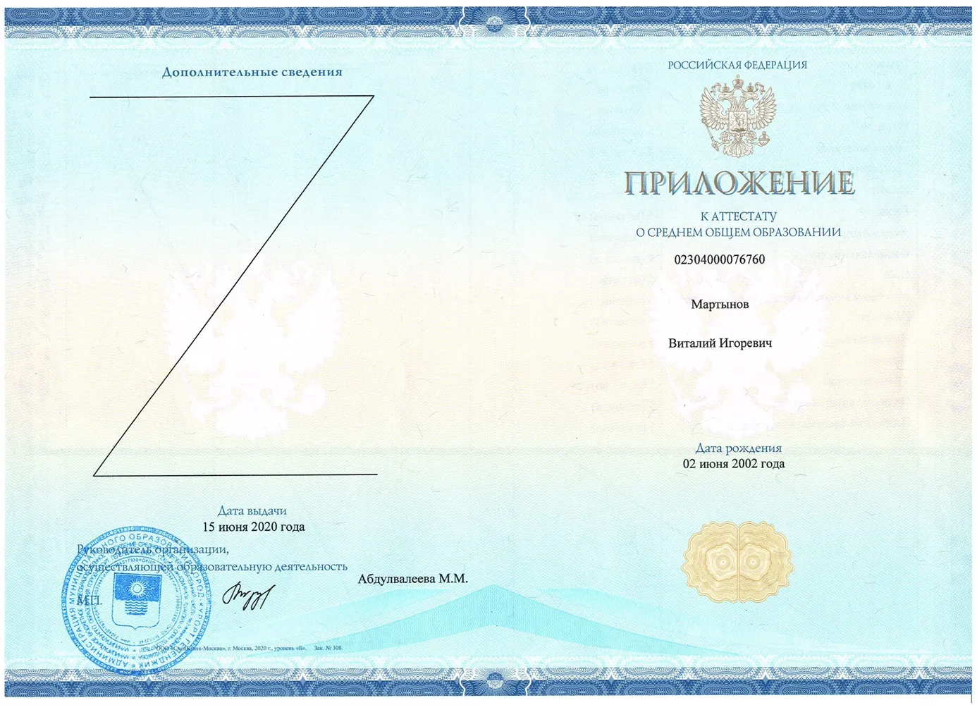 Аттестат о среднем образовании (приложение)