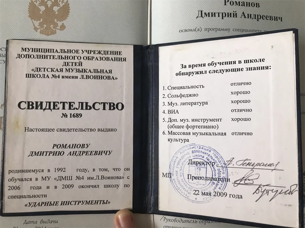 Свидетельство об окончании музыкальной школы 
