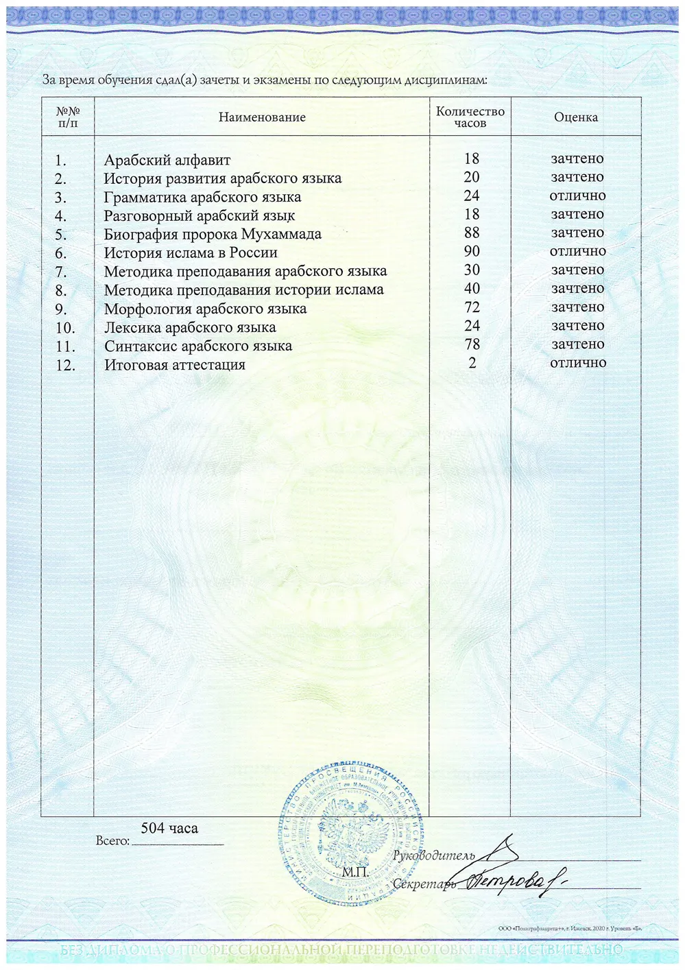 Приложение к Диплому БГПУ учитель арабского языка