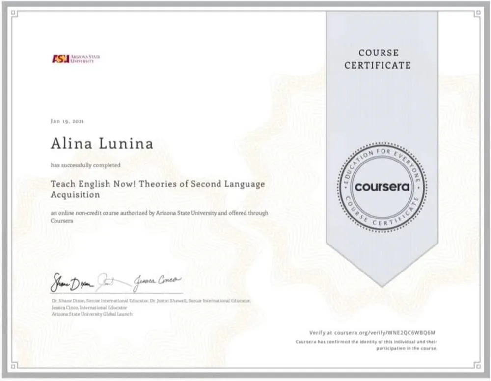 Сертификат TESOL (Arizona State University)