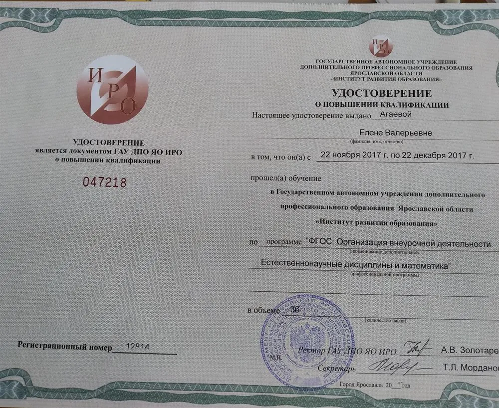 Удостоверение об окончании курсов "Организация внеурочной деятельности по математике"