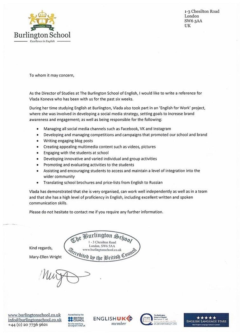 Сопроводительное письмо о прохождении стажировки в Burlington school of English (Лондон, Англия)