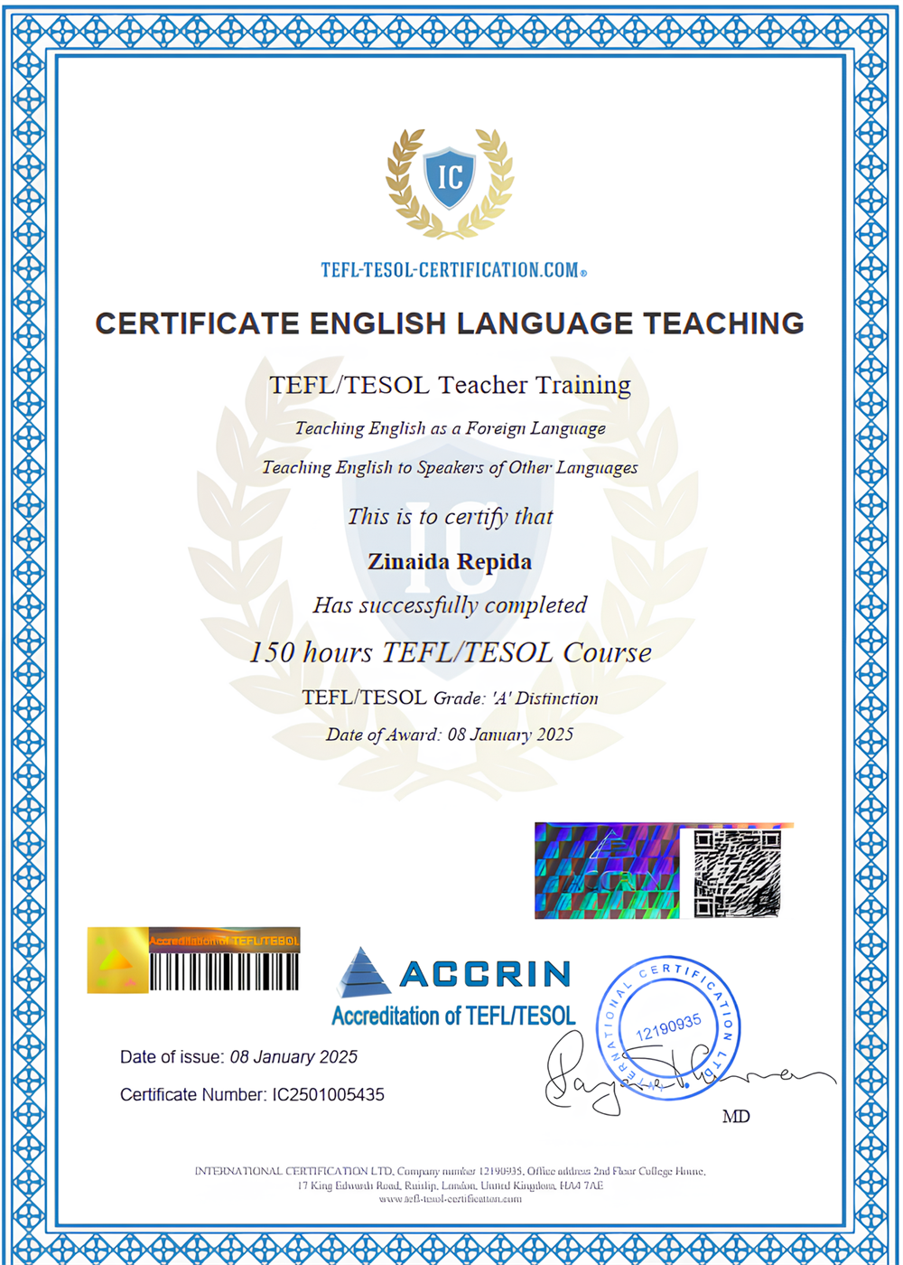 Certificate English Language Teaching TEFL/TESOL Teacher Training, United Kingdom (2024-2025)