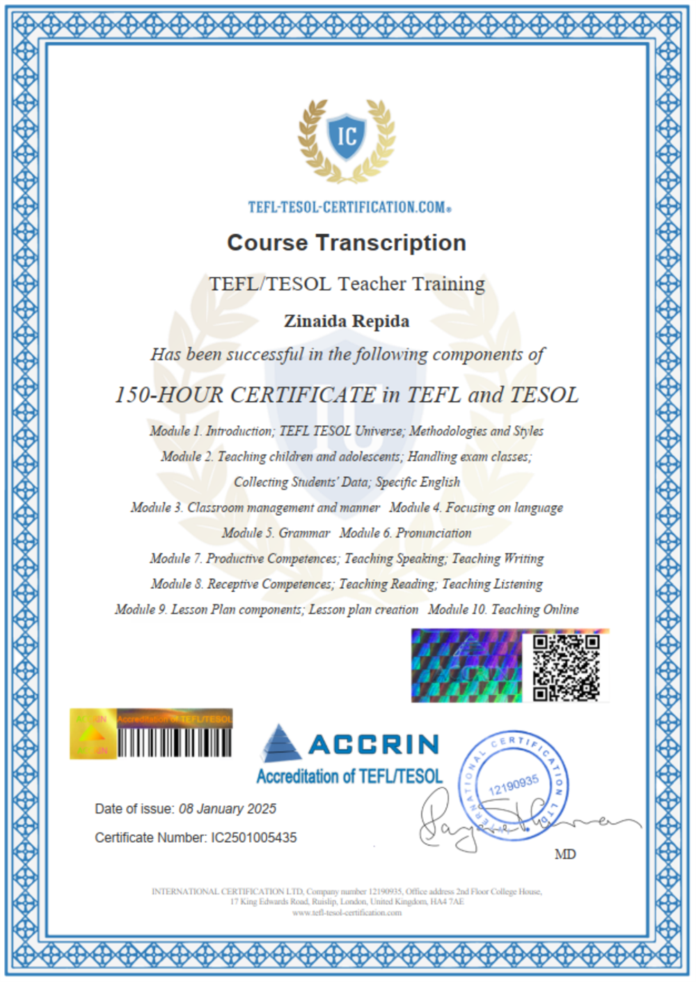 Certificate English Language Teaching TEFL/TESOL Teacher Training, United Kingdom (2024-2025)