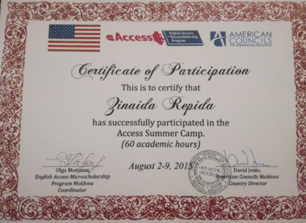 Certificate of participation in the Access Summer Camp — 2015