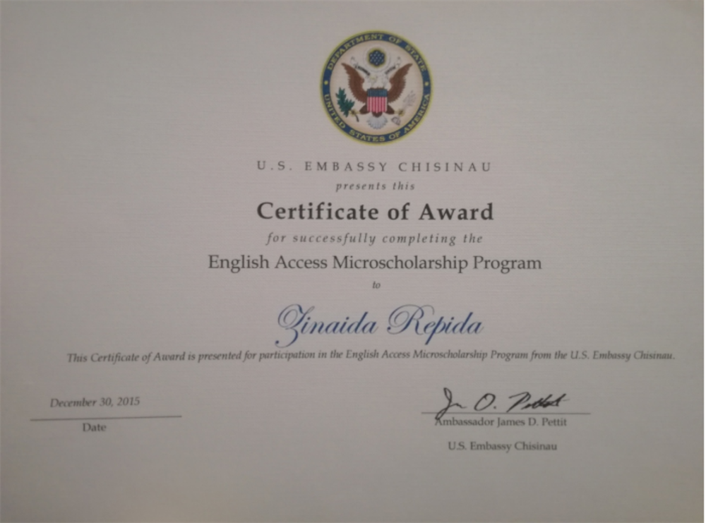 Certificate of Award for successfully completing the 2-year English Access Microscholarship program (2013-2015)