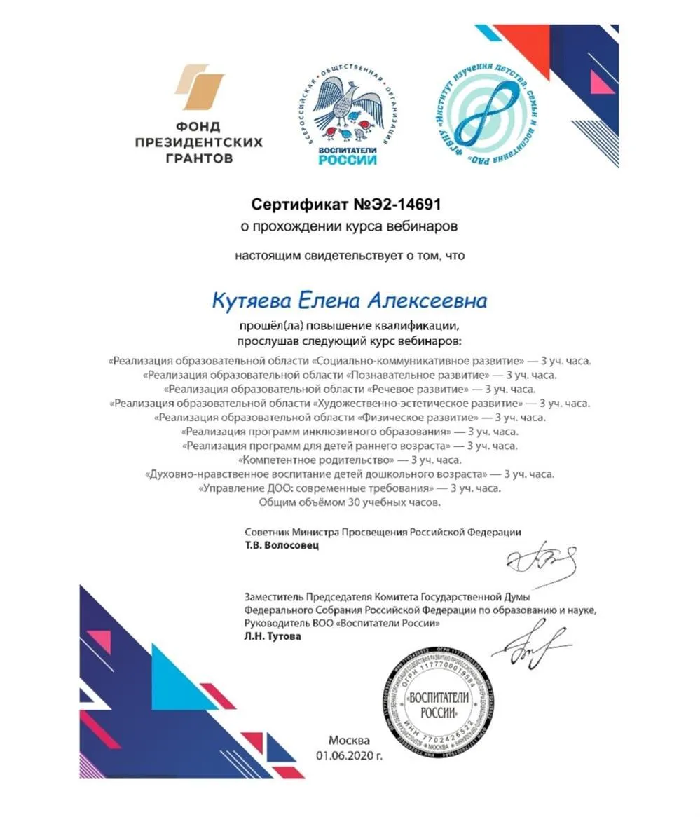 Сертификат "Воспитатели России"